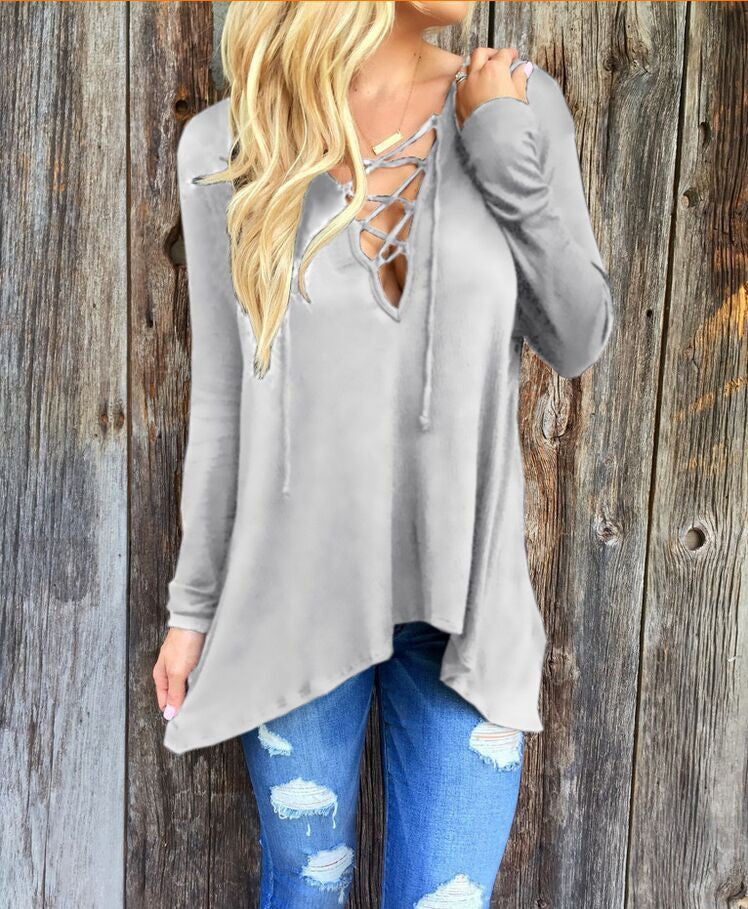 V Neck Cross Pure Color Hoodie Loose Blouse