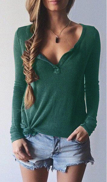 Ribbed Knit V-neck Pure Color Long Sleeves Sweater - Meet Yours Fashion - 1