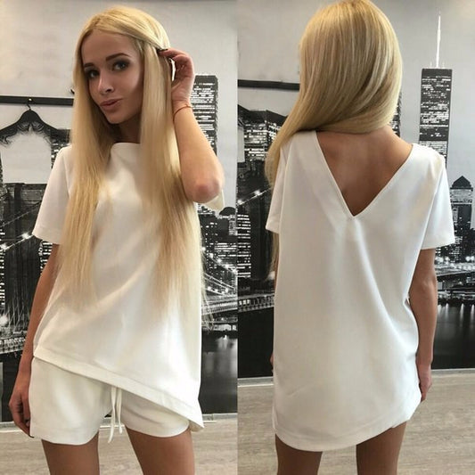 Short Sleeves Pure Color Blouse Shorts Two Pieces Suits