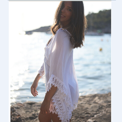 V-neck White Beach Women Sun-proof Swimwear Cover Up Dresses