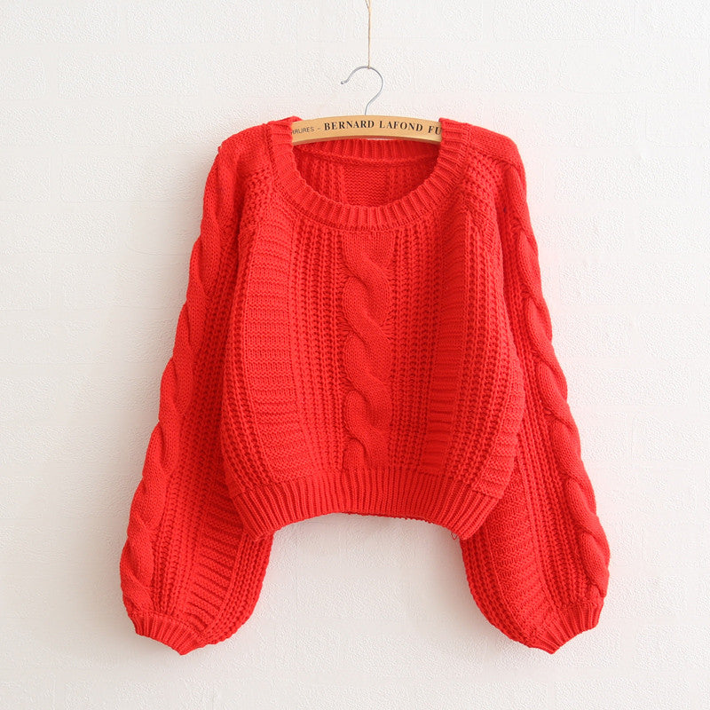 Cable Sleeve Coarse Yam Pure Color Pullover Sweater - Meet Yours Fashion - 7
