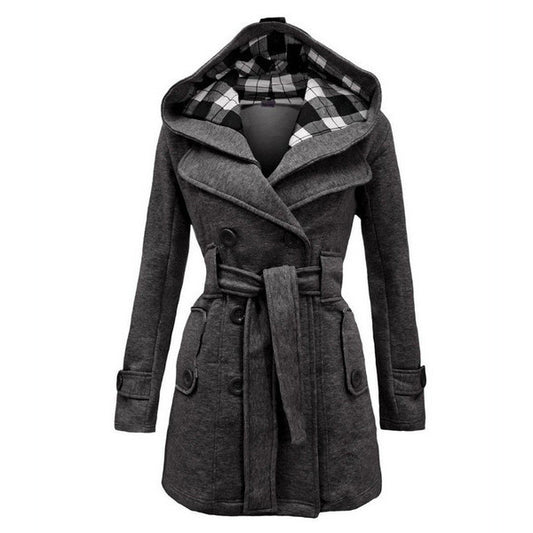 Double Breasted Long with Belt Hooded Coat with Plus Size