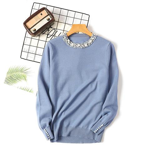 Long Sleeve Pullover for Women Pearl Beaded Sweater Jumpers Women Sweater with Pearls Knitting Female Solid Slim Sweater