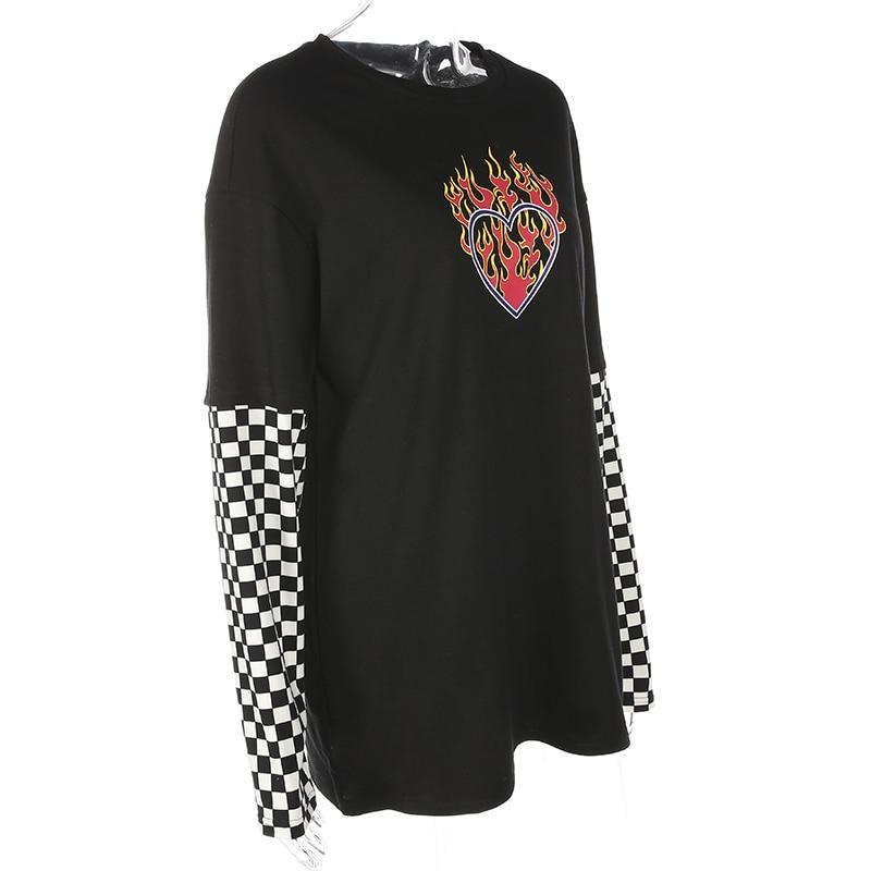 Women Plaid Patchwork Long Sleeve Flaming Heart Print Sweatshirt Autumn Winter Black Checkboard Pullover Hoodies