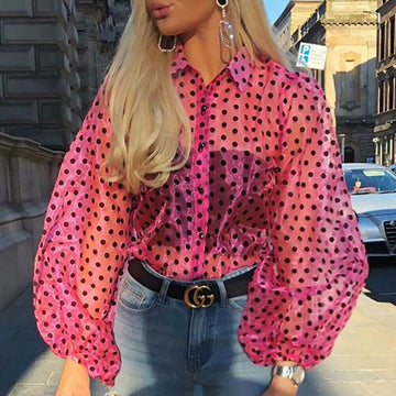 Polka Dot Retro Blouse Lady Early Autumn Modern Mesh Shirt Vogue See-through Loose Button  Puff Sleeve Blouse