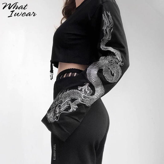 Women Dragon Print Hoodies Fashion Casual Female Loose Short Top Pullover Sweatshirts Streetwear New Autumn Outfit