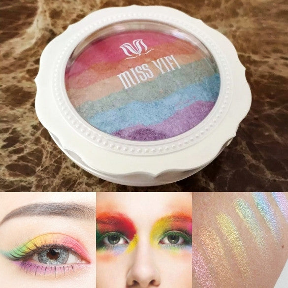 Baked Prism Rainbow Style Eyeshadow Highlighter Powder Makeup Cosmetic Shimmer Blusher Eye Shadow Palette With Mirror Eye Shadow Sponge