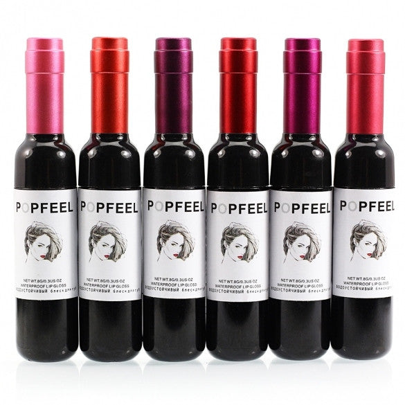 6pcs Waterproof Lip Gloss Makeup Cosmetic Wine Bottle Shape Long-lasting Lip Tint