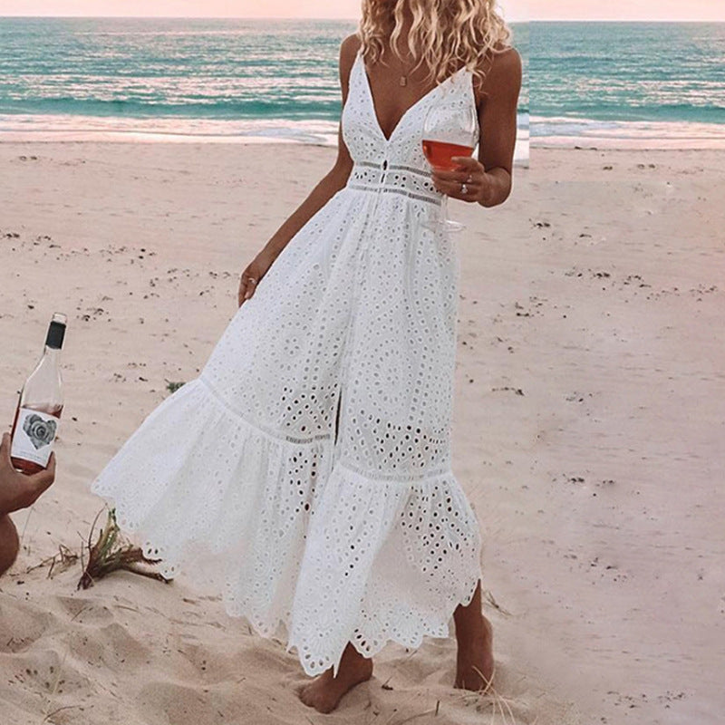 Beach Cotton Spaghetti Strap Backless Maxi Dress