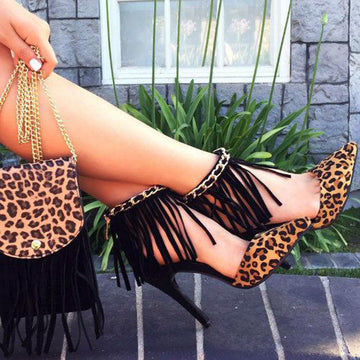 Sexy Leopard Fringe Suede Pointed Toe High Heels