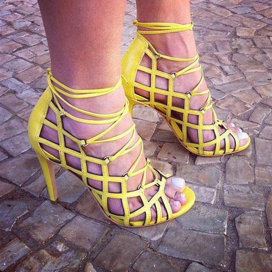 Yellow Cutout Leather High Heel Open Toe Sandals
