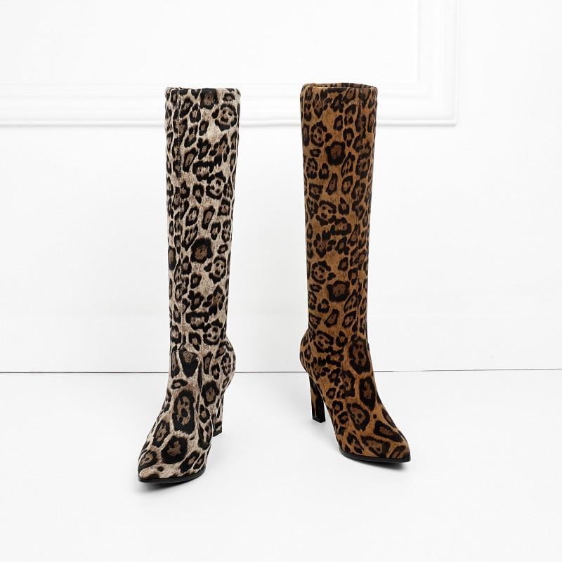 Sexy Leopard Suede Point Toe Knee High Boots