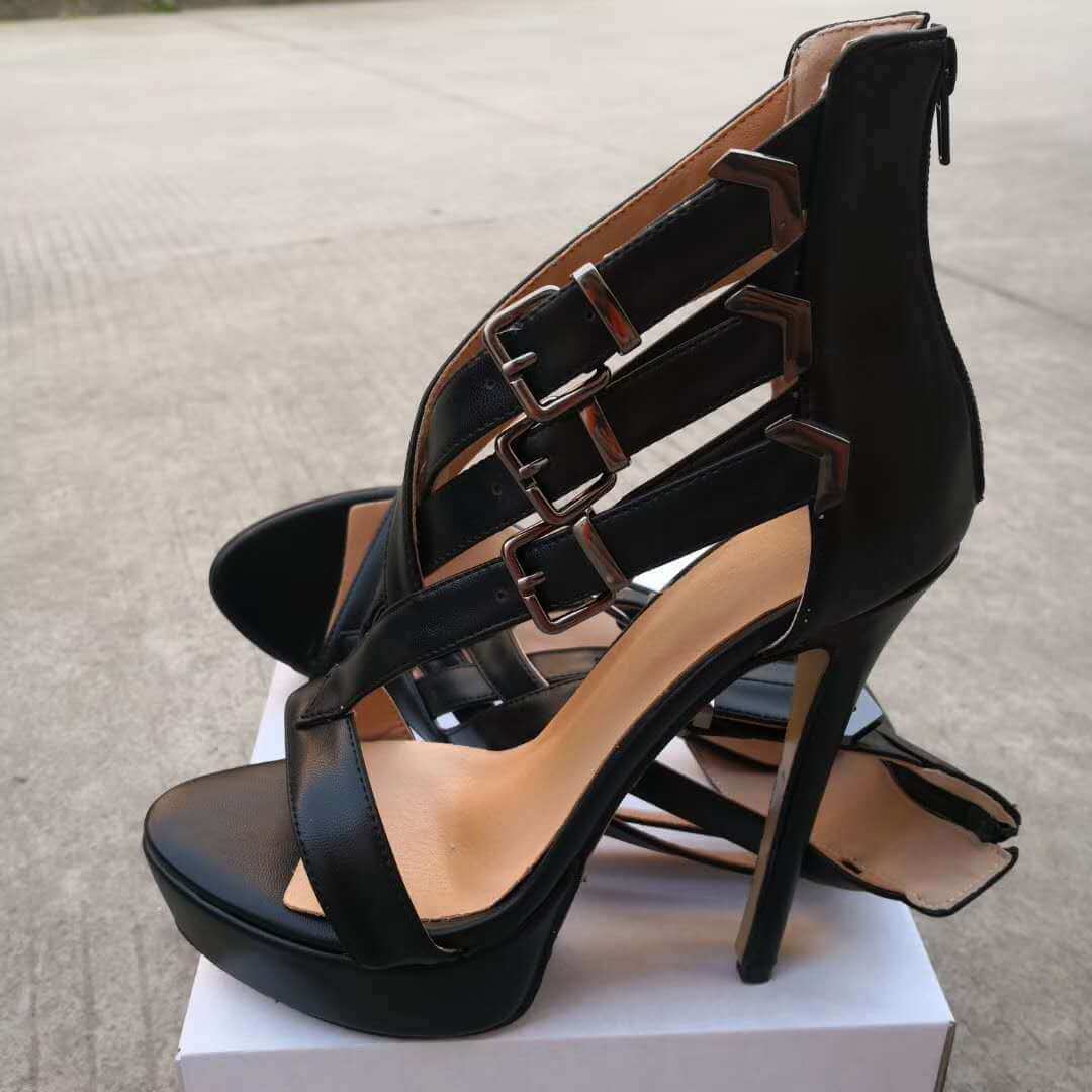 Sexy Black Leather Open Toe Platform Cutout High Heel Sandals