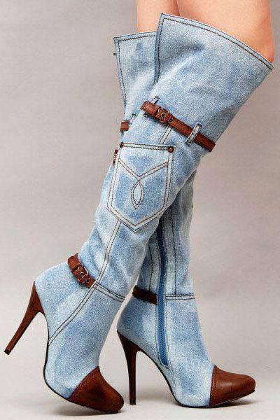 Denim Pointed Toe Patchwork Stiletto High Heels Knee-length Long Boots