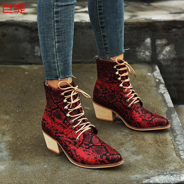 Snakeskin Lace Up Chunky Heel Ankle Booties