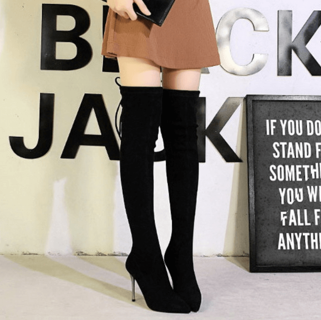 Black Suede Point Toe Strap High Heel Over Knee Boots