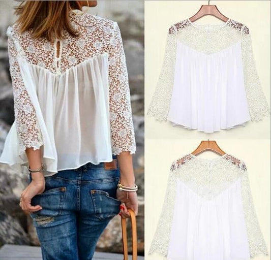 Lace Chiffon Patchwork Long Sleeves Loose Transparent Blouse