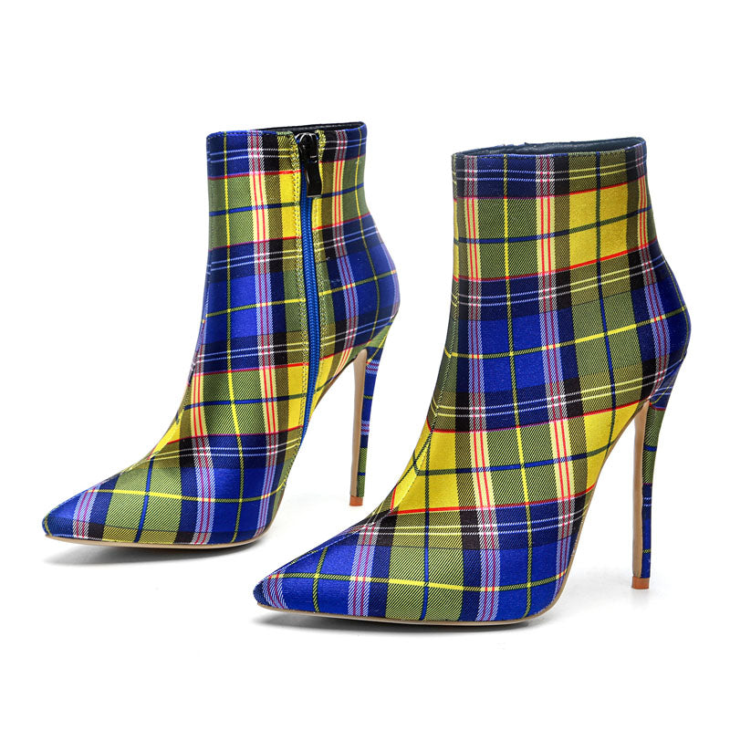 Color Block Plaid Pointed Toe High Heel Calf Boots