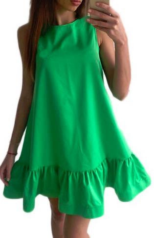 Sleeveless Scoop Falbala Pure Color A-line Short Dress