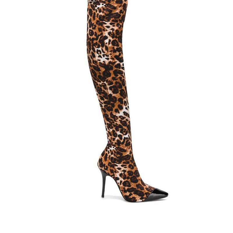 Fashion Leopard Pointed Toe Stretch Over Knee Boots