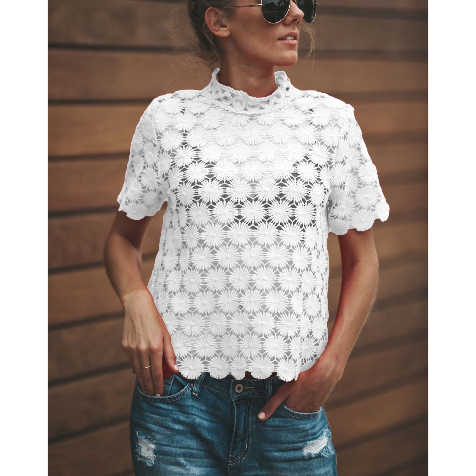 Perspective High Neck Short Sleeves Lace Blouse