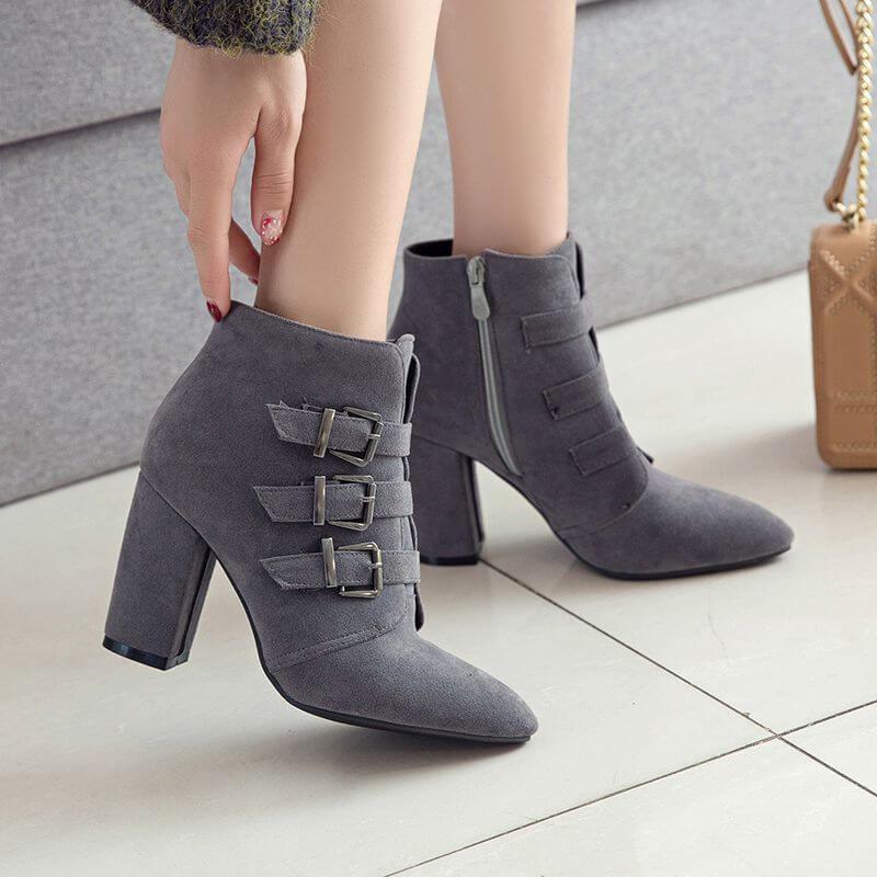 Winter Point Toe Suede Buckle Ankle Boots