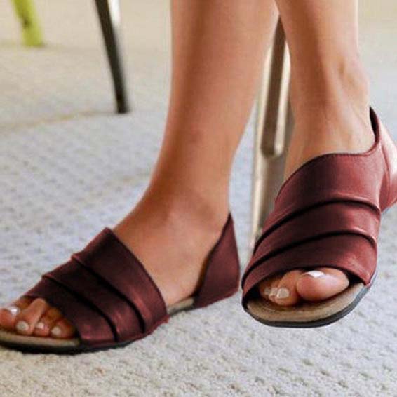 Peep Toe Flat Leather Sandals