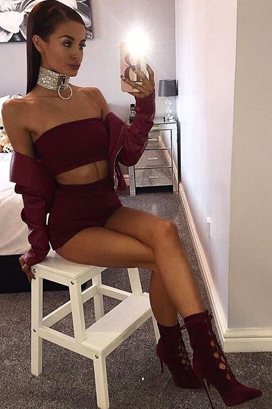 Pure Color Strapless Crop Top with Skinny Shorts Two Pieces Set