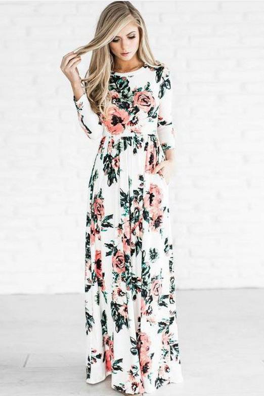 Clearance Flower Print 3/4 Sleeves and Short Sleeves High Waist Long Party Dress