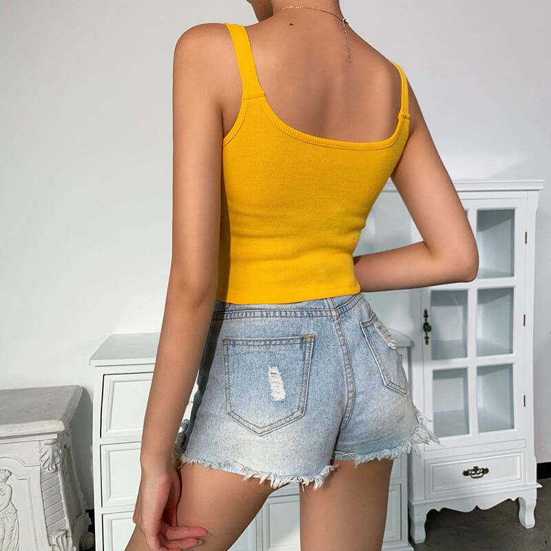 Summer Yellow Plain Backless Cropped Tank Tops