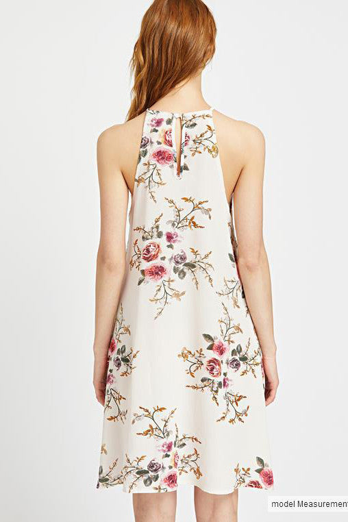 Bear-Shoulder-Scoop-Floral-Print-Loose-Short-Dress