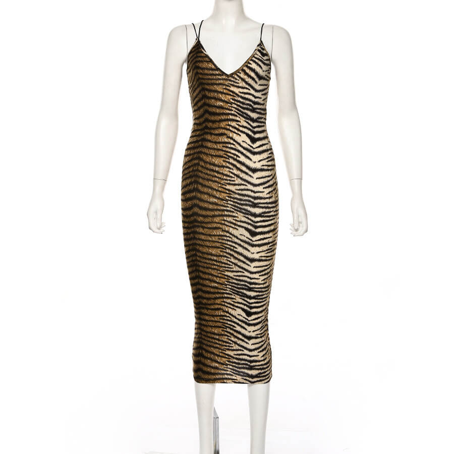 Tiger Striped Spaghetti Strap Midi Dress