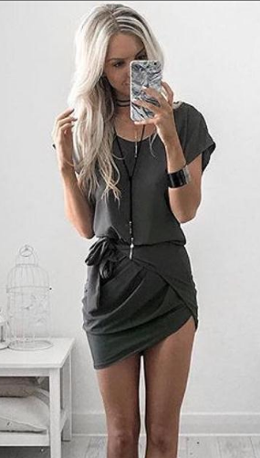 O-neck Irregular Pure Color Short Sleeve Short Dress - Meet Yours Fashion - 1