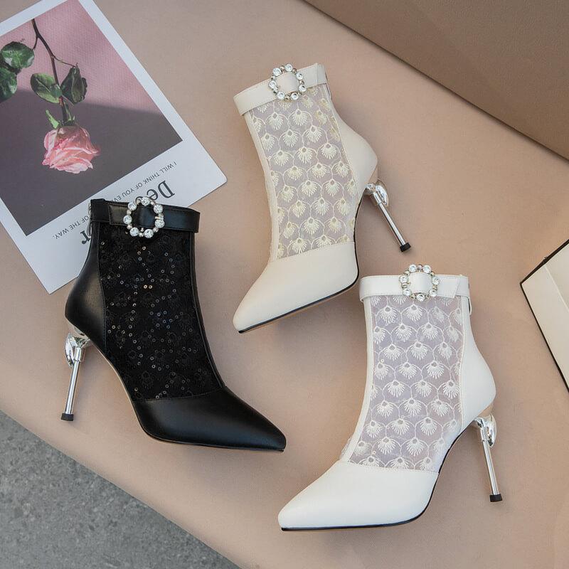 Sexy PU Mesh Patchwork Pointed Toe High Heel Ankle Boots