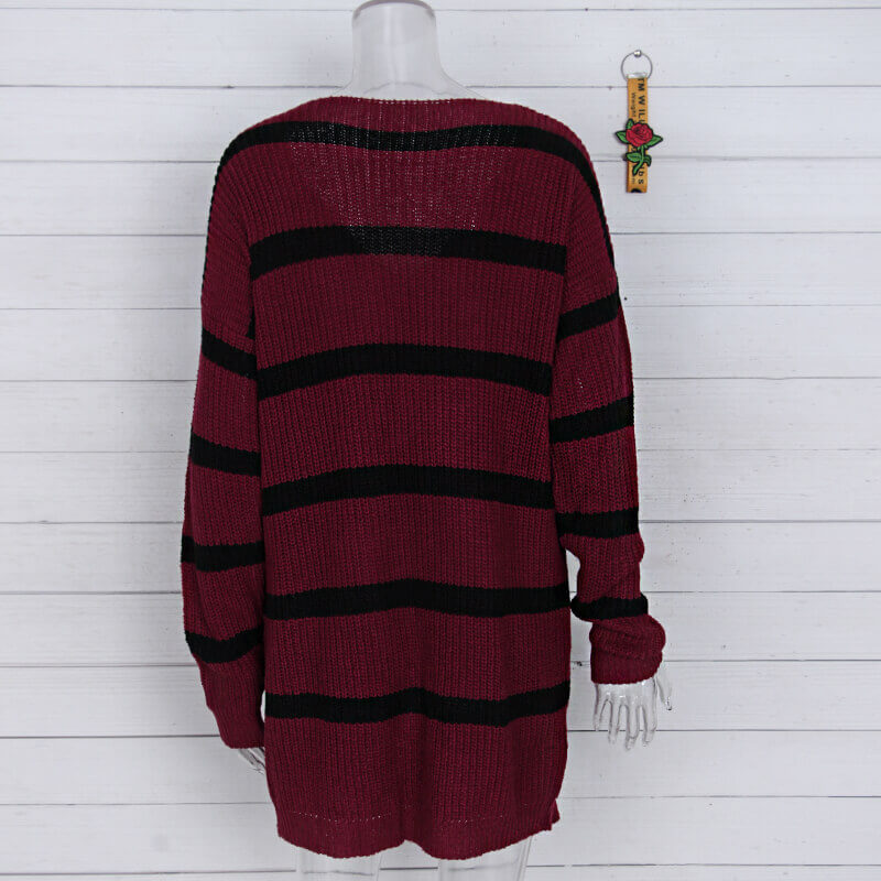 Knitted V Neck Striped Long Cardigan