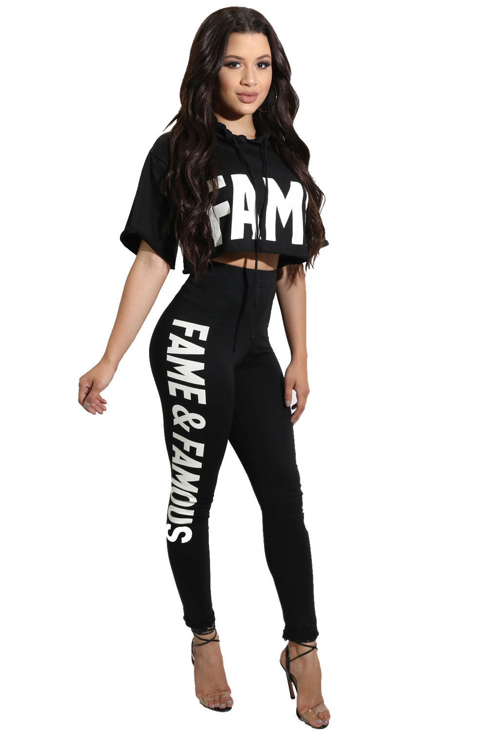 Loose Letter Print Crop Top with Skinny Pants Two Pieces Set