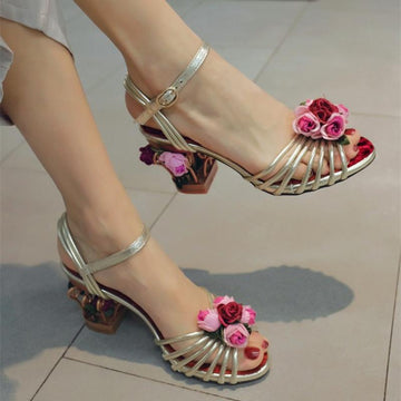 Leather Flower Cutout Open Toe High Heel Sandals