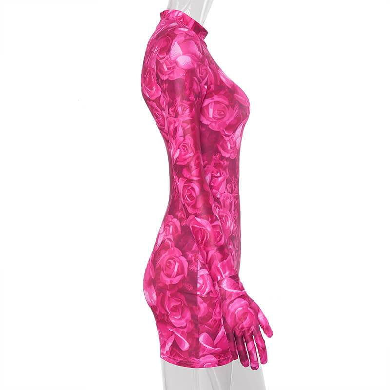 Rose Printed Cover Finger Bodycon Dress