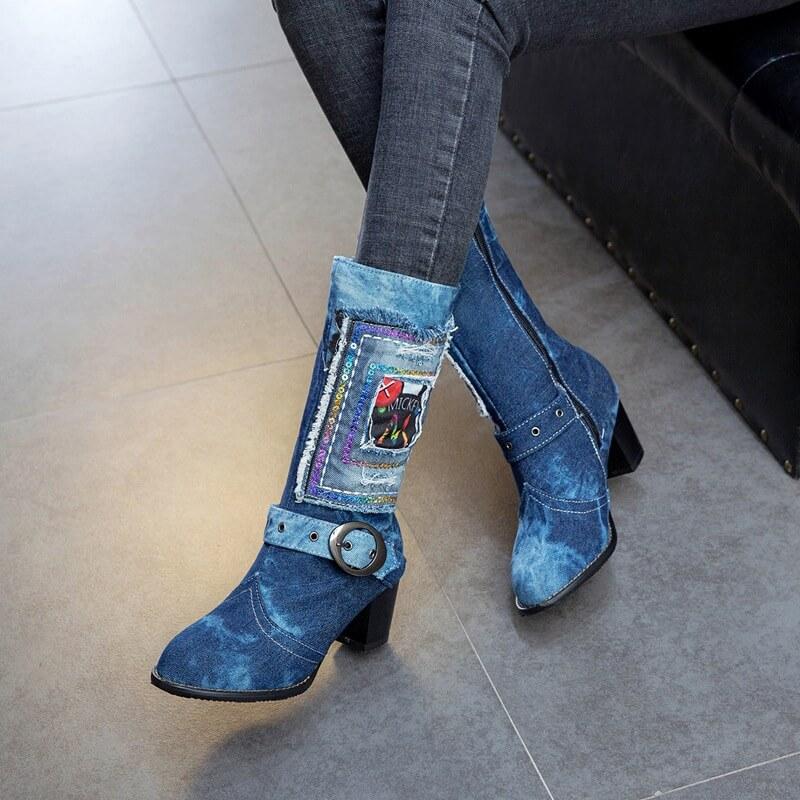 Jeans Stylish Chunky Low Heel Mid Calf Boots