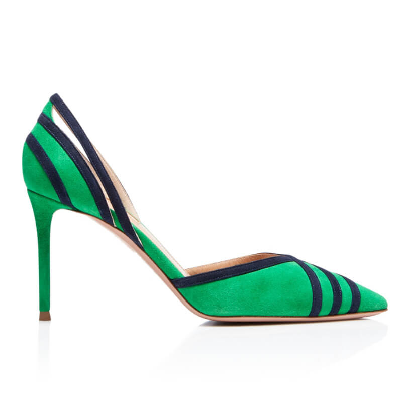 Green Suede Point Toe Stripes Pumps