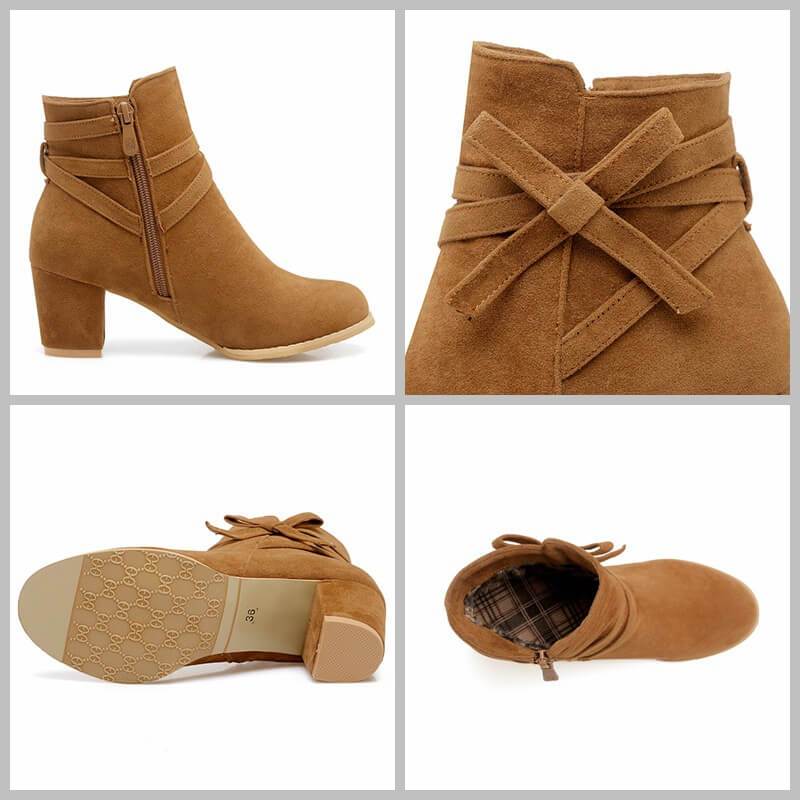 Bow Suede Low Chunky Heel Ankle Boots