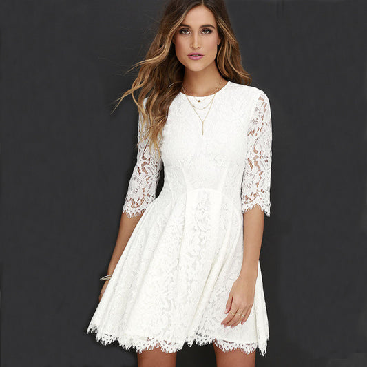 Pure Color Lace Scoop Half Sleeves Short Dress