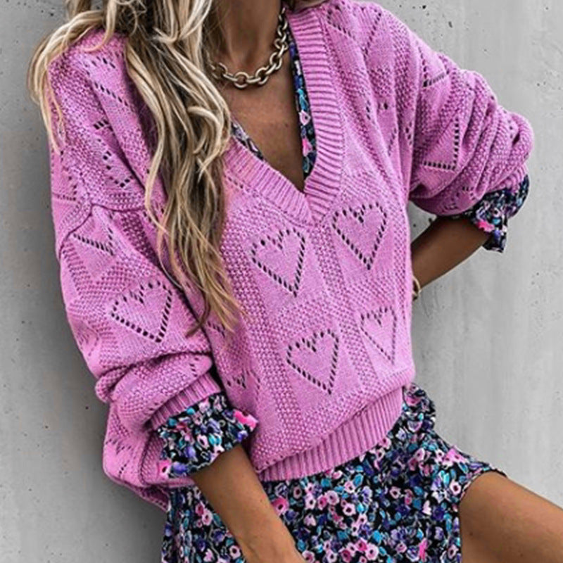 Hollow Out V Neck Heart Pattern Sweater