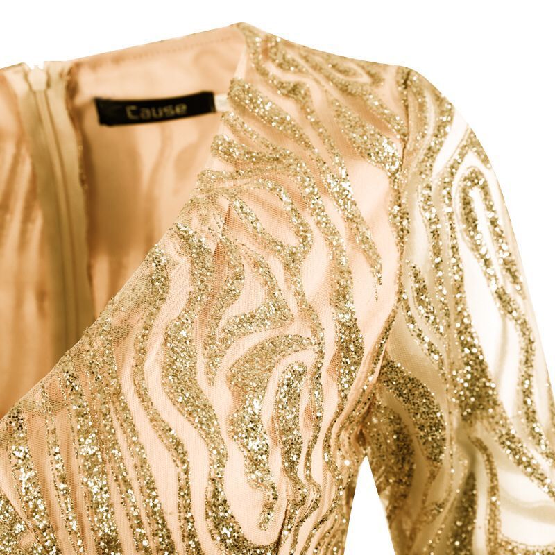 Golden Sequin Sheer Bodycon Long Sleeve Dress
