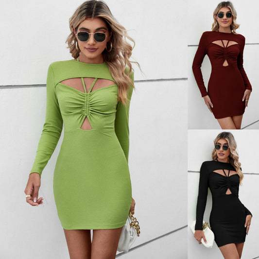 Casual Hollow Out Neck Hanging Package Hip Short-Length Long Sleeve Dress