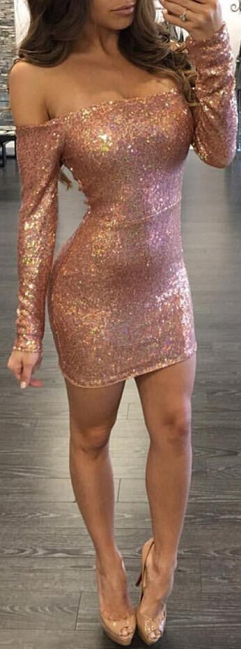 Sexy Sequins Off Shoulder Long Sleeve Short Bodycon Dress