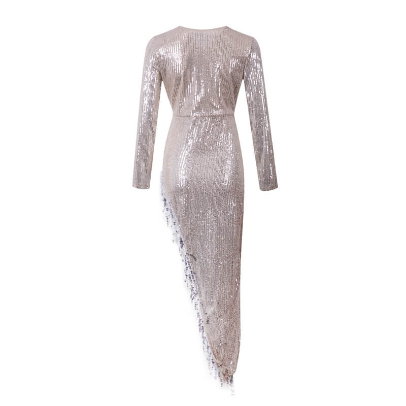 Sequin Long Sleeve Fringe Irregular Maxi Dress