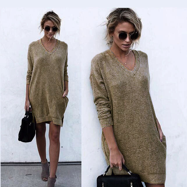Loose Pure Color Sweetheart Pockets Long Sweater
