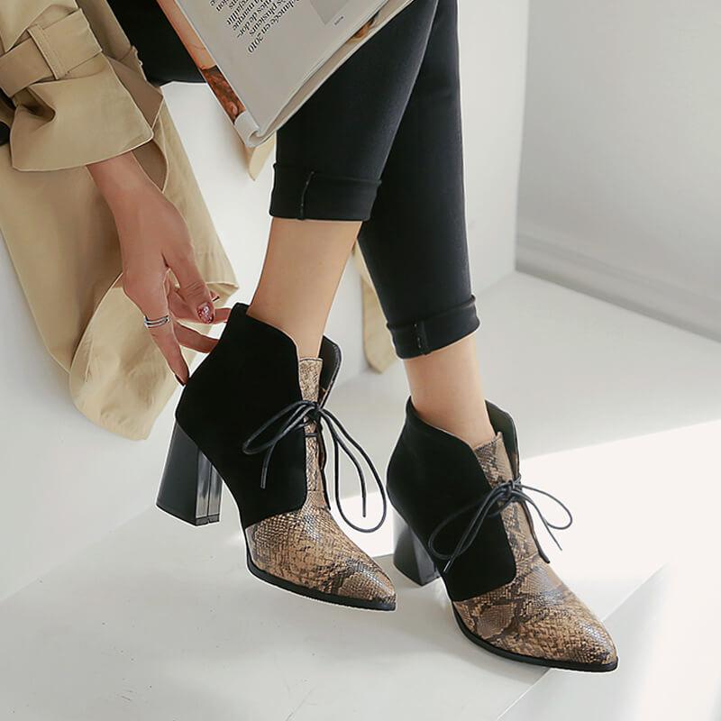 Leather Snakeskin Lace Up Chunky Heel Ankle Boots