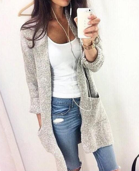 Fashion Long Cardigan Splicing Solid Color Sweater（Extra large code）